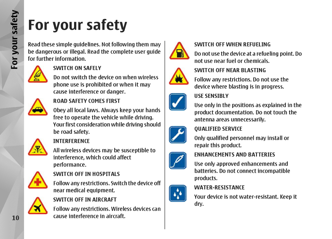 Nokia N82 manual For your safety, Switch on Safely 