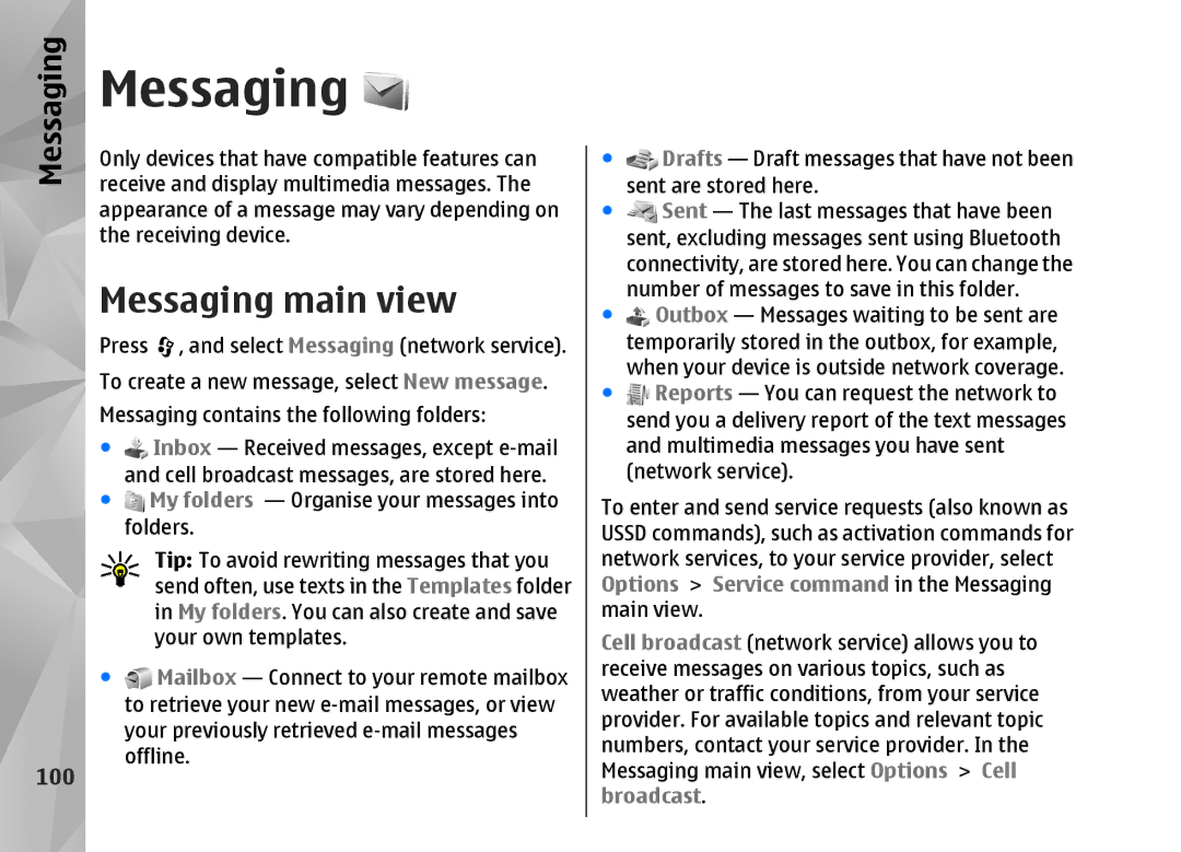 Nokia N82 manual Messaging main view, 100 