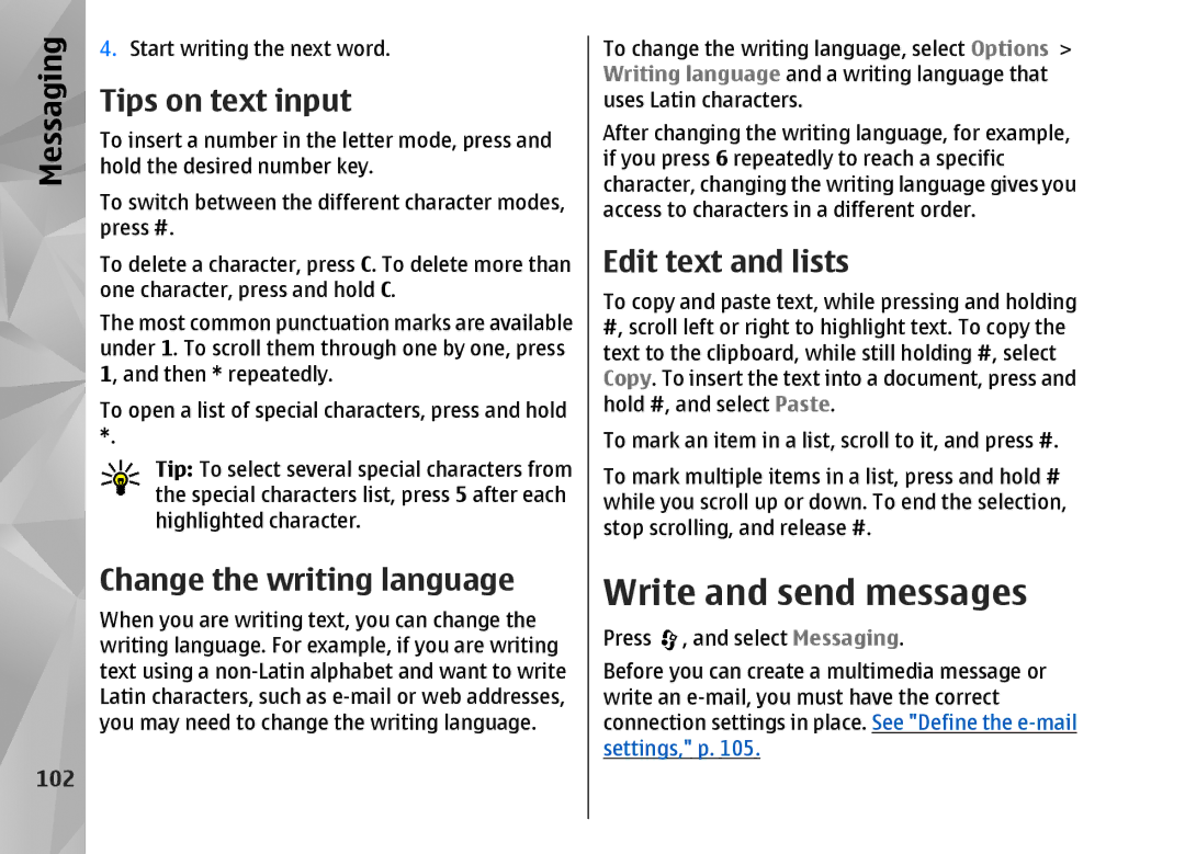 Nokia N82 manual Write and send messages, Tips on text input, Change the writing language, Edit text and lists, 102 