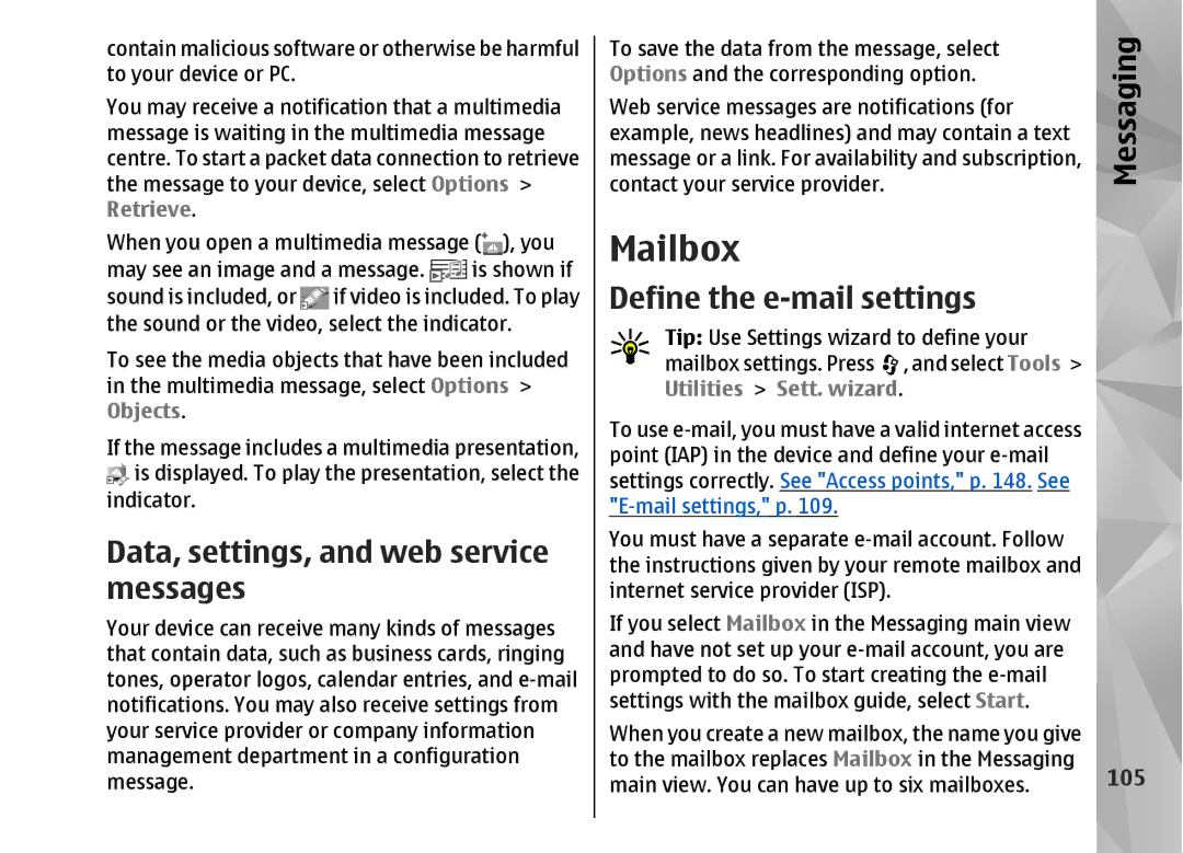 Nokia N82 manual Mailbox, Data, settings, and web service messages, Define the e-mail settings, 105, Utilities Sett. wizard 