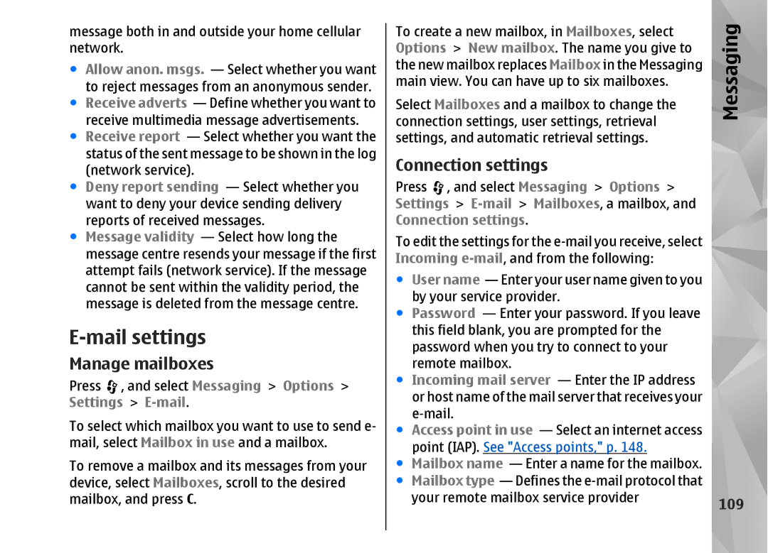 Nokia N82 manual Mail settings, 109 