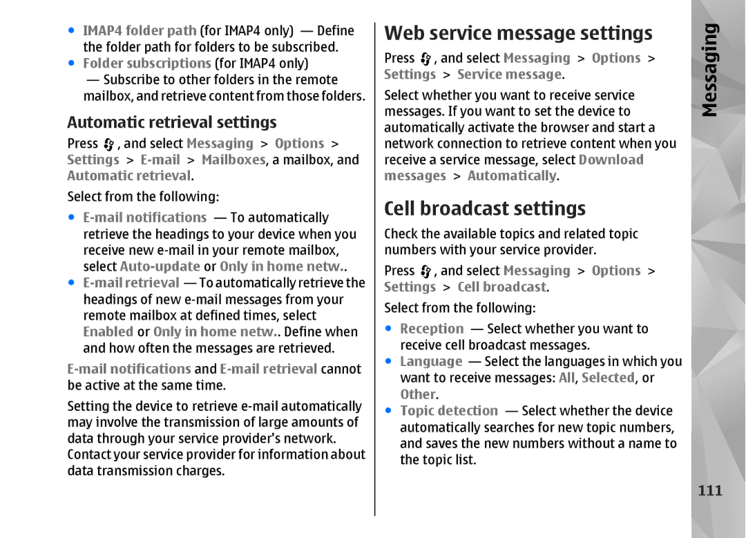 Nokia N82 manual Web service message settings, Cell broadcast settings, 111, Folder subscriptions for IMAP4 only 