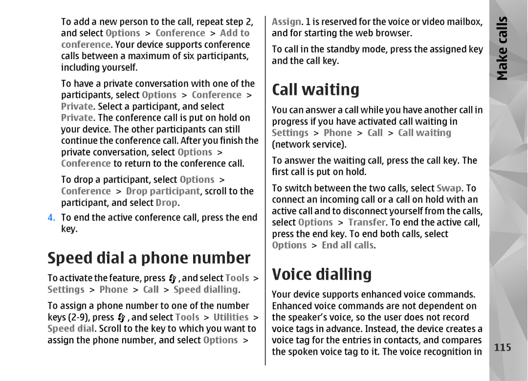 Nokia N82 manual Speed dial a phone number, Call waiting, Voice dialling, 115 