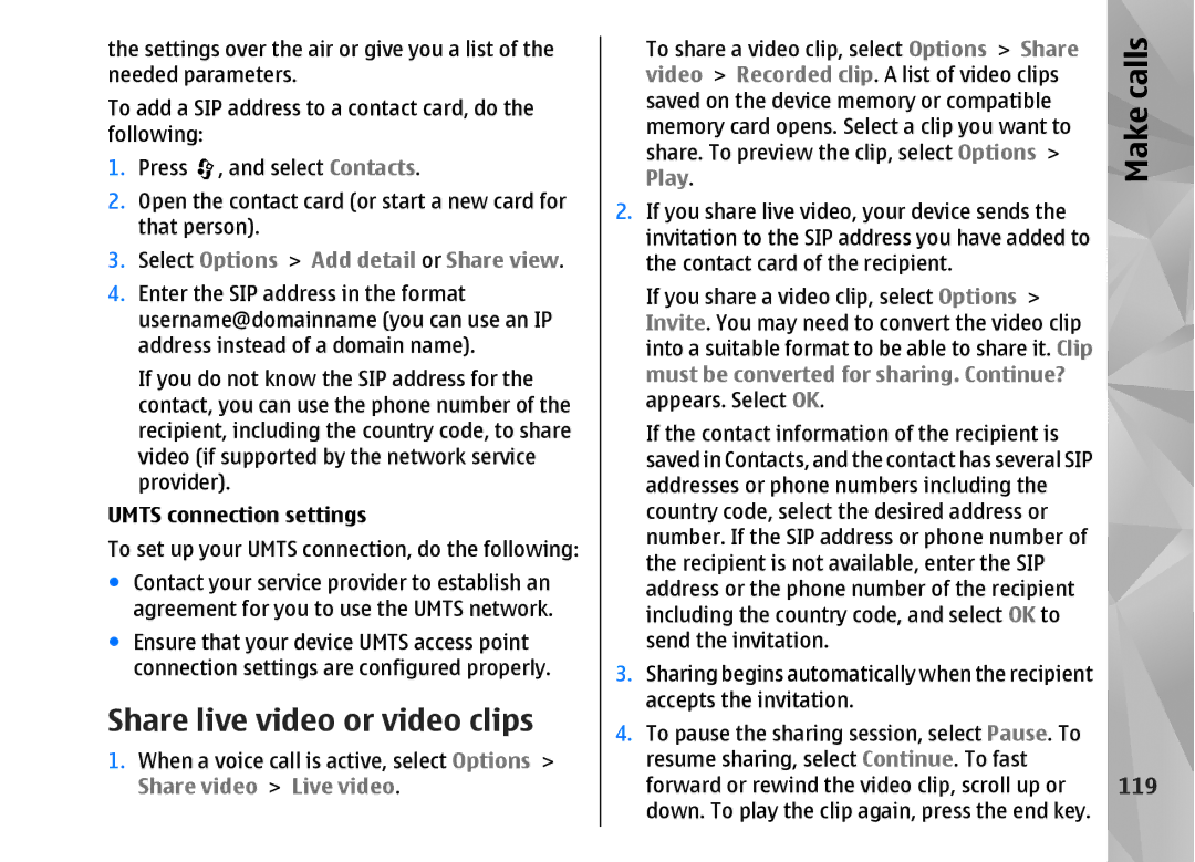 Nokia N82 manual Share live video or video clips, 119, Select Options Add detail or Share view, Umts connection settings 