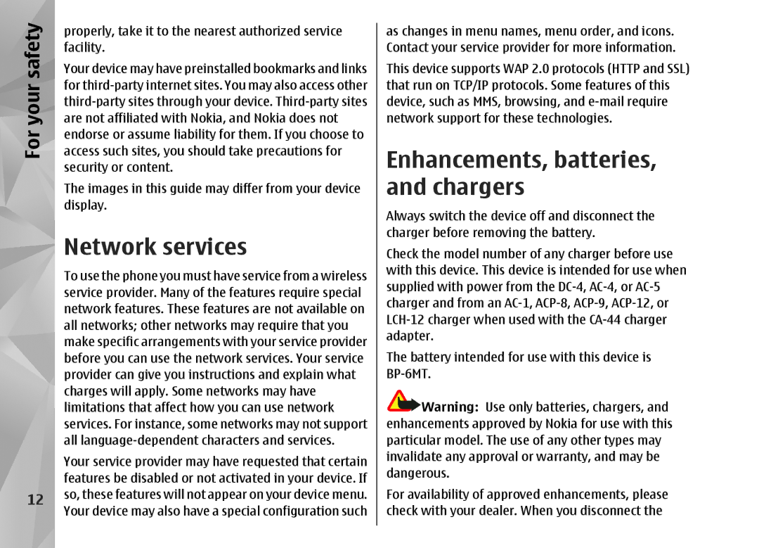 Nokia N82 manual Network services, Enhancements, batteries, and chargers 