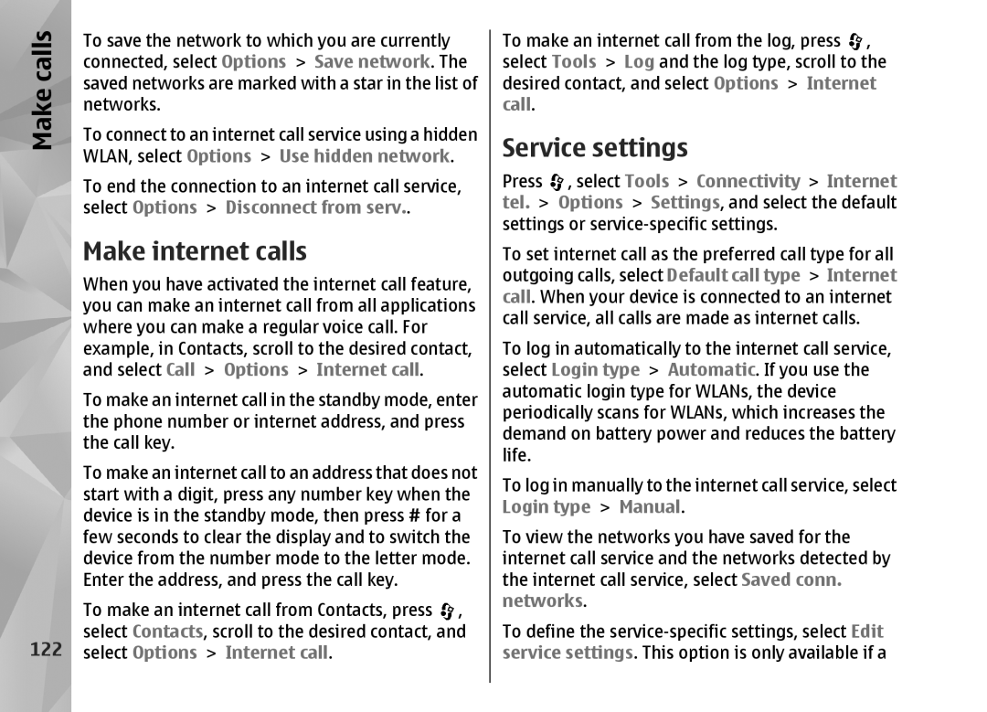 Nokia N82 manual Make internet calls, Service settings, 122 