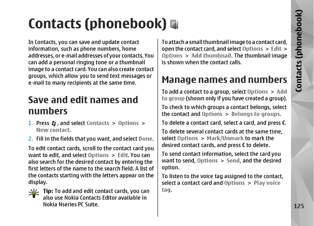 Nokia N82 manual Contacts phonebook, Save and edit names and numbers, 125 