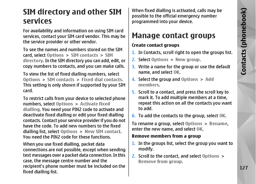 Nokia N82 SIM directory and other SIM services, Manage contact groups, 127, Select Options New group, Remove from group 