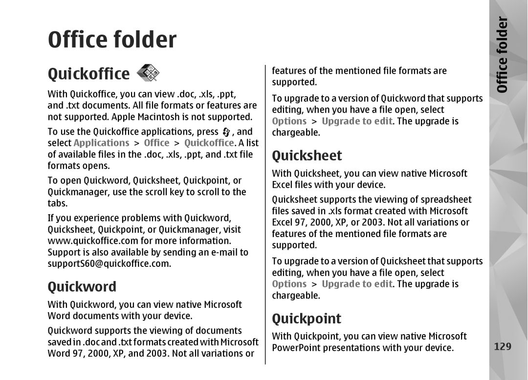 Nokia N82 manual Office folder, Quickoffice, Quickword, Quicksheet, Quickpoint 