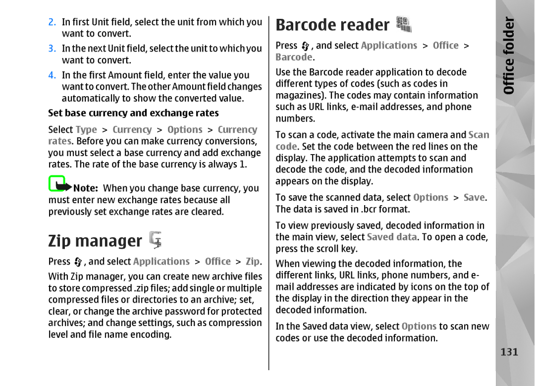 Nokia N82 manual Zip manager, Barcode reader, 131, Set base currency and exchange rates 
