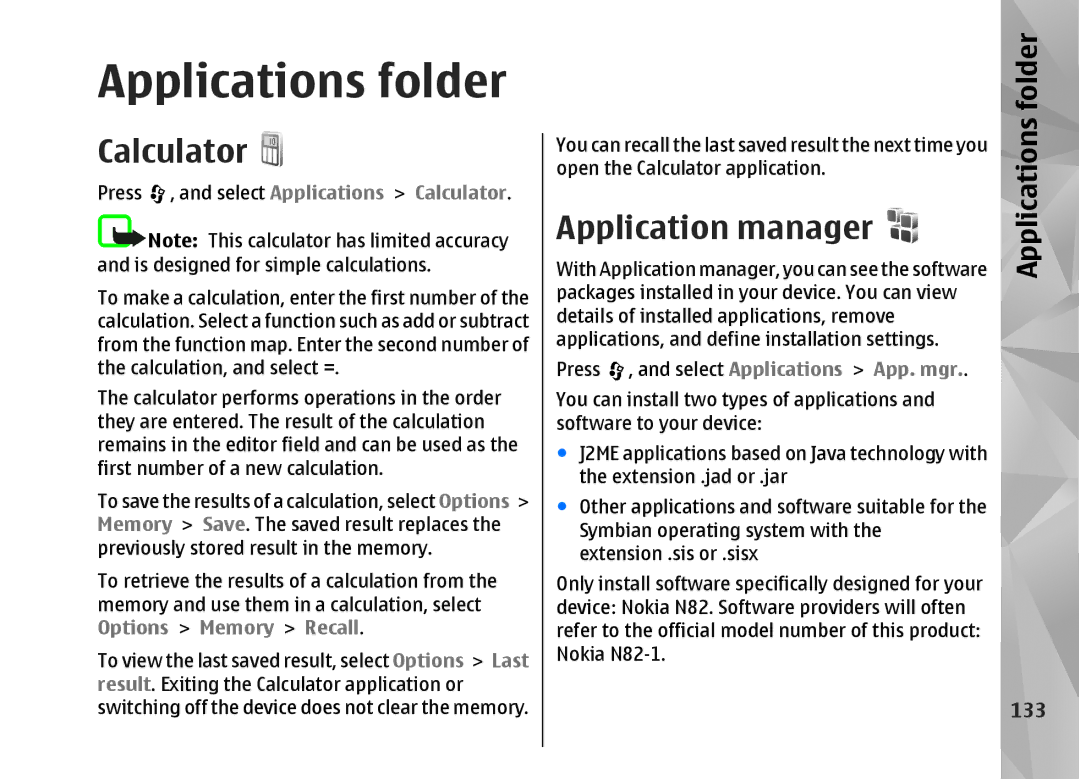 Nokia N82 manual Applications folder, Application manager, 133, Press , and select Applications Calculator 