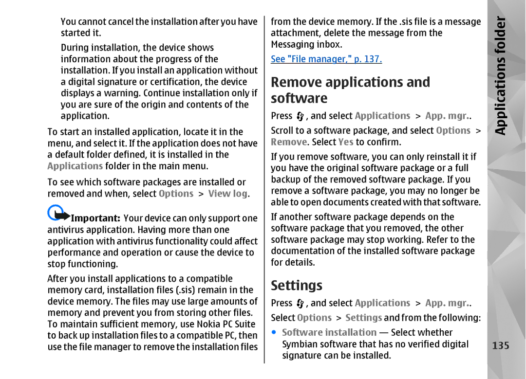 Nokia N82 manual Remove applications and software, 135 