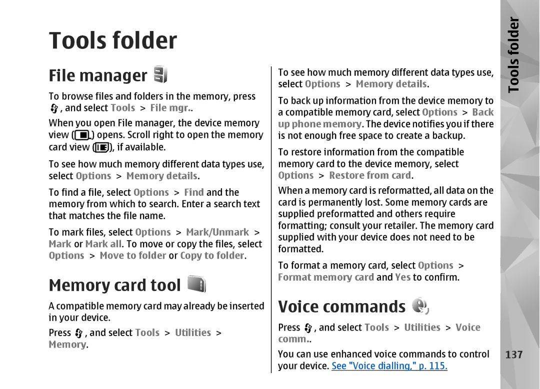 Nokia N82 manual Tools folder, File manager, Memory card tool, Voice commands, 137 