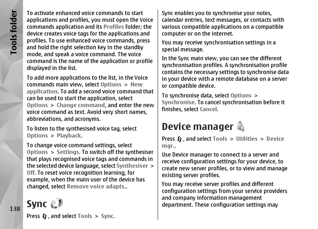 Nokia N82 manual Sync, Device manager, 138 