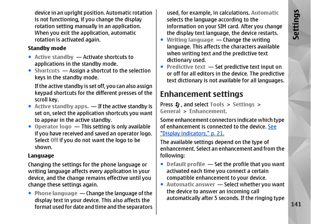 Nokia N82 manual Enhancement settings, 141, Standby mode, Language 