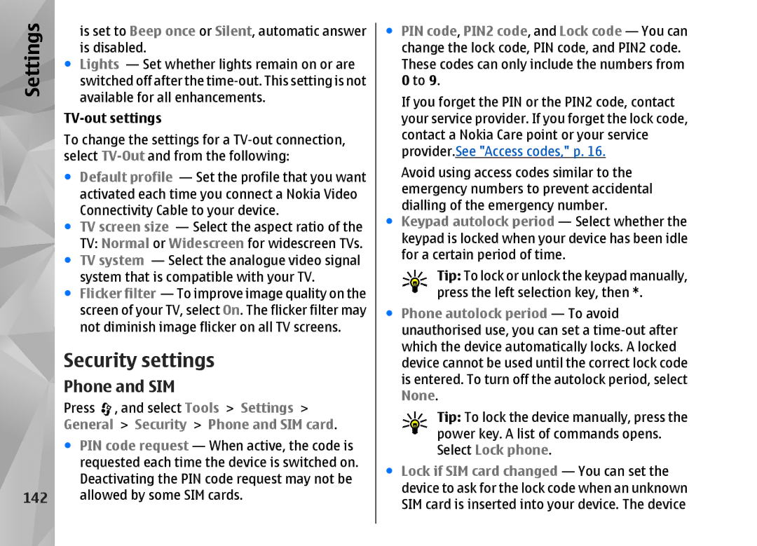 Nokia N82 manual Security settings, 142, TV-out settings, Security Phone and SIM card 