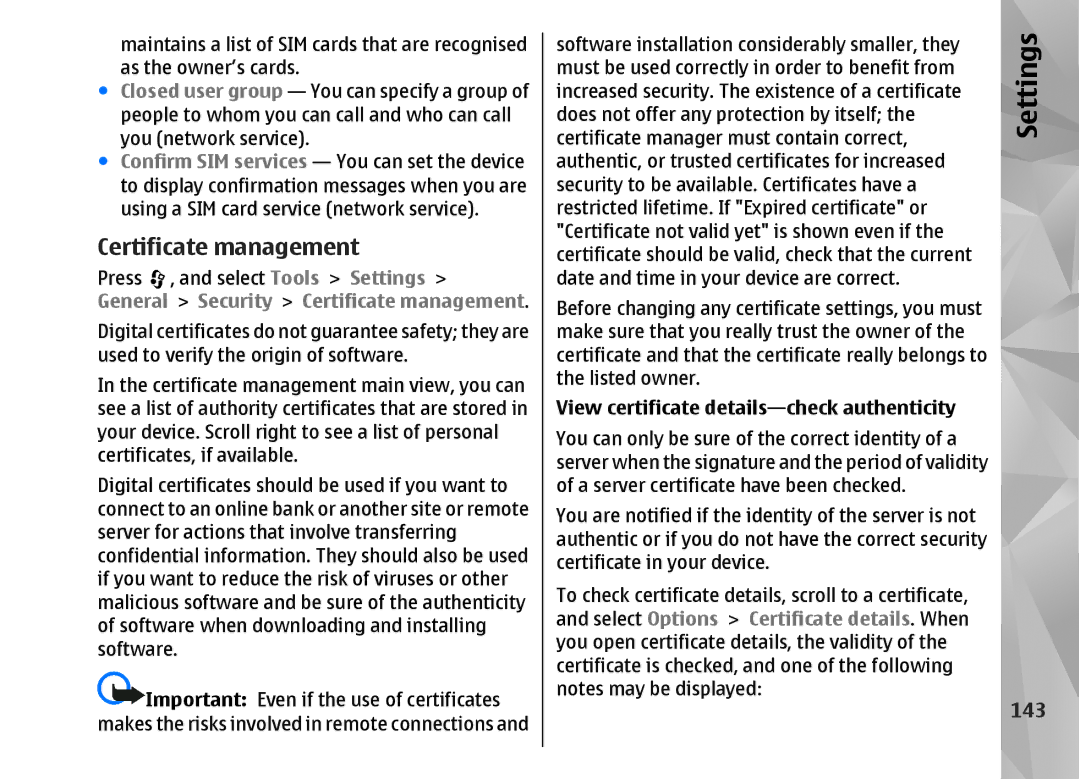 Nokia N82 manual 143, General Security Certificate management, View certificate details-check authenticity 