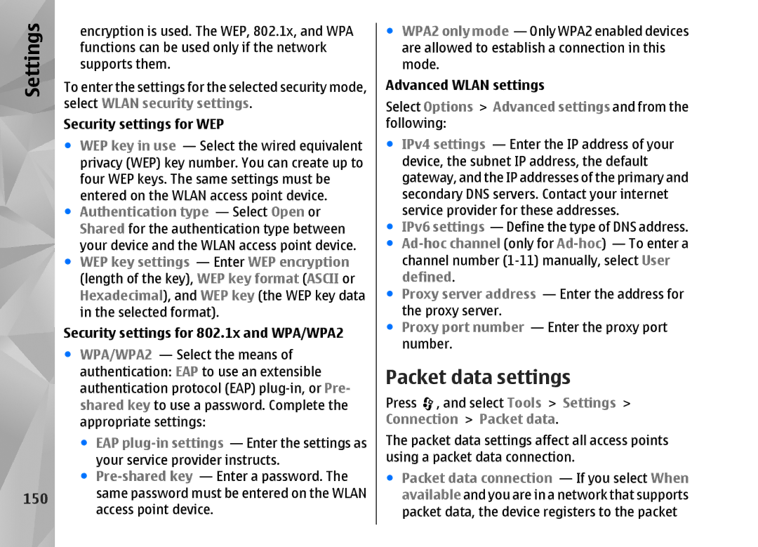 Nokia N82 manual Packet data settings, Select Wlan security settings, Authentication type Select Open or 