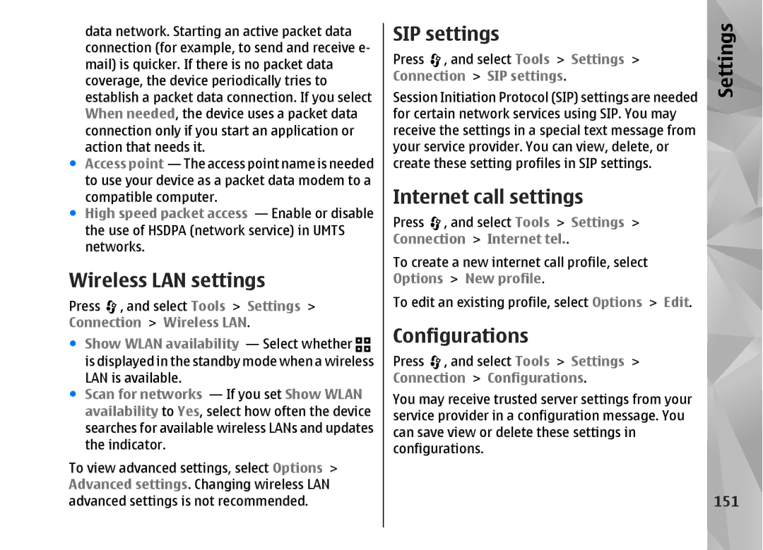 Nokia N82 manual Wireless LAN settings, SIP settings, Internet call settings, Configurations, 151 