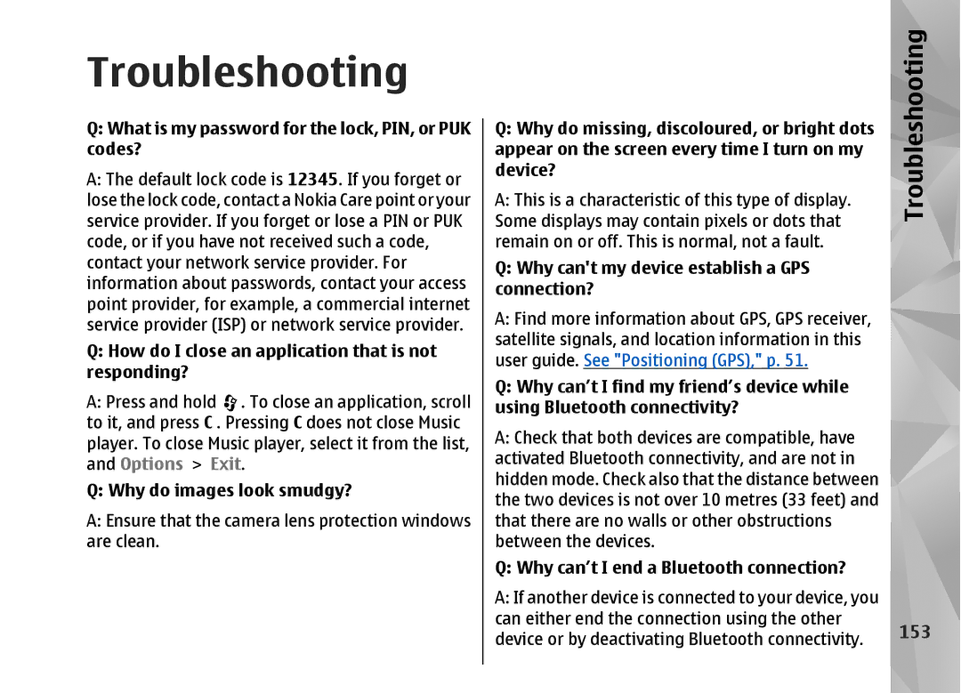 Nokia N82 manual Troubleshooting, 153 