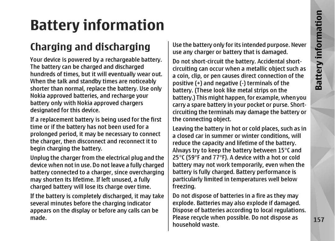 Nokia N82 manual Battery information, Charging and discharging, 157 