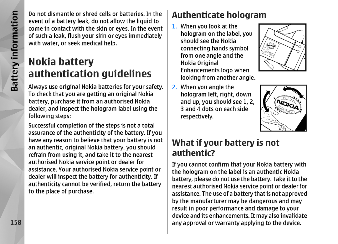 Nokia N82 manual Authenticate hologram, What if your battery is not authentic?, 158 