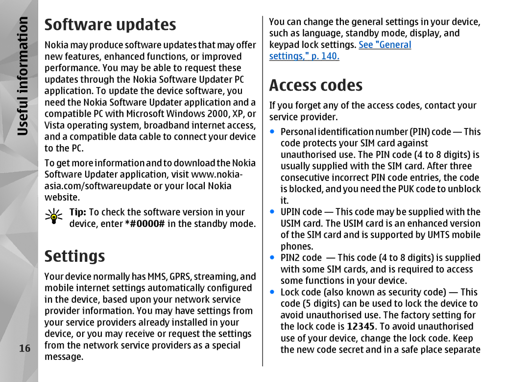 Nokia N82 manual Software updates, Settings, Access codes 