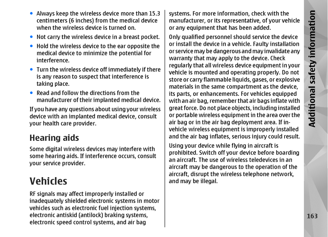 Nokia N82 manual Vehicles, Hearing aids, 163 