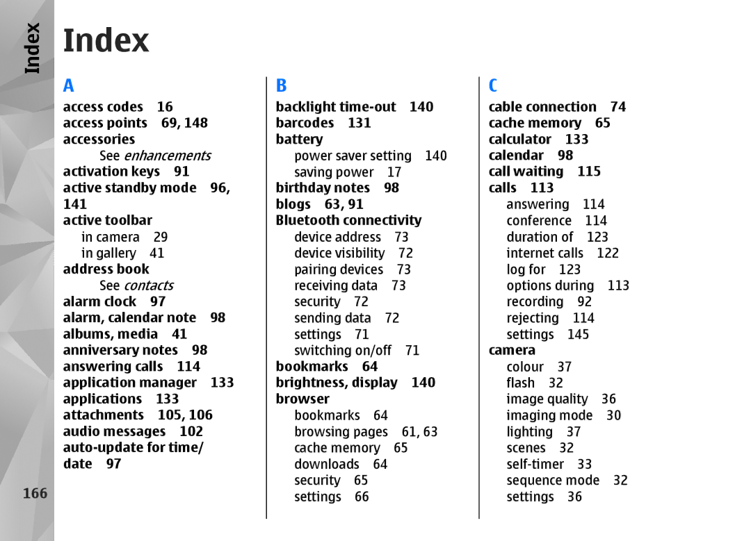 Nokia N82 manual Index, 166 