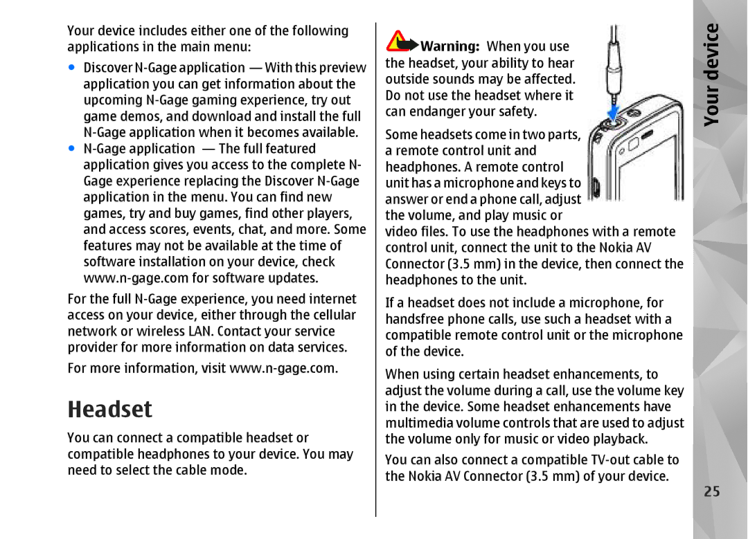 Nokia N82 manual Headset 