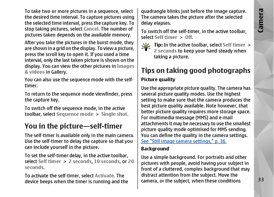 Nokia N82 manual You in the picture-self-timer, Tips on taking good photographs, Select Self timer Off 