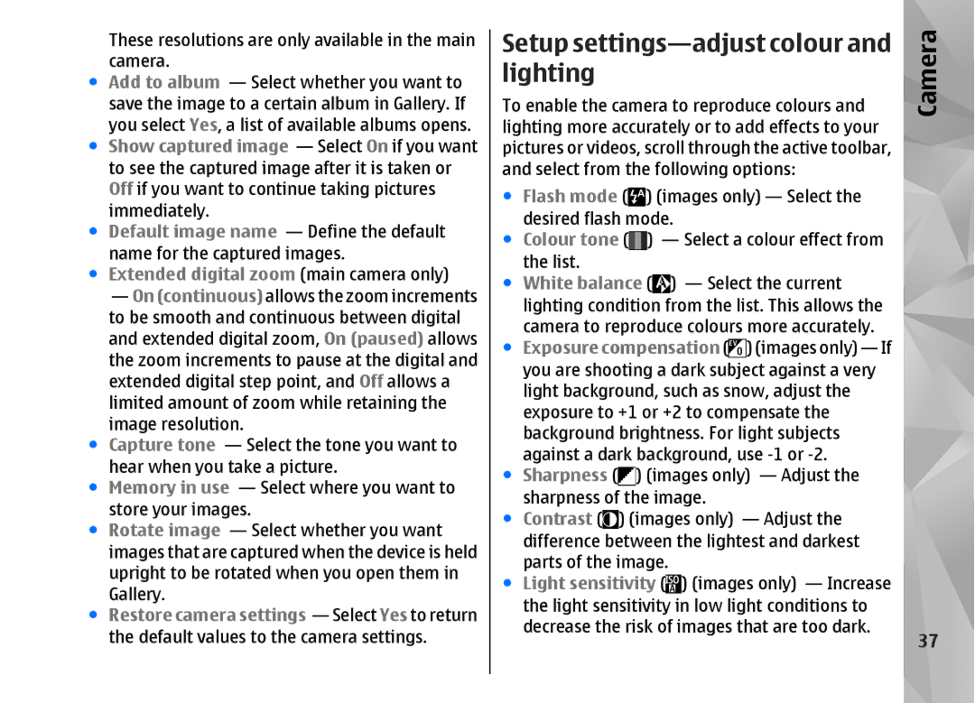 Nokia N82 manual Setup settings-adjust colour and lighting 