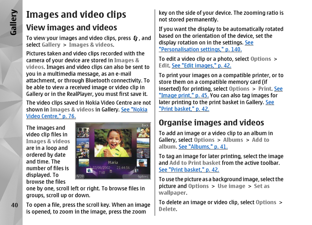 Nokia N82 manual Images and video clips, View images and videos, Organise images and videos, Select Gallery Images & videos 
