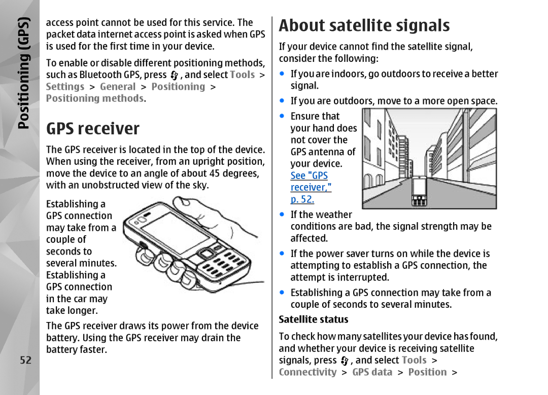 Nokia N82 manual GPS receiver, About satellite signals, Satellite status 