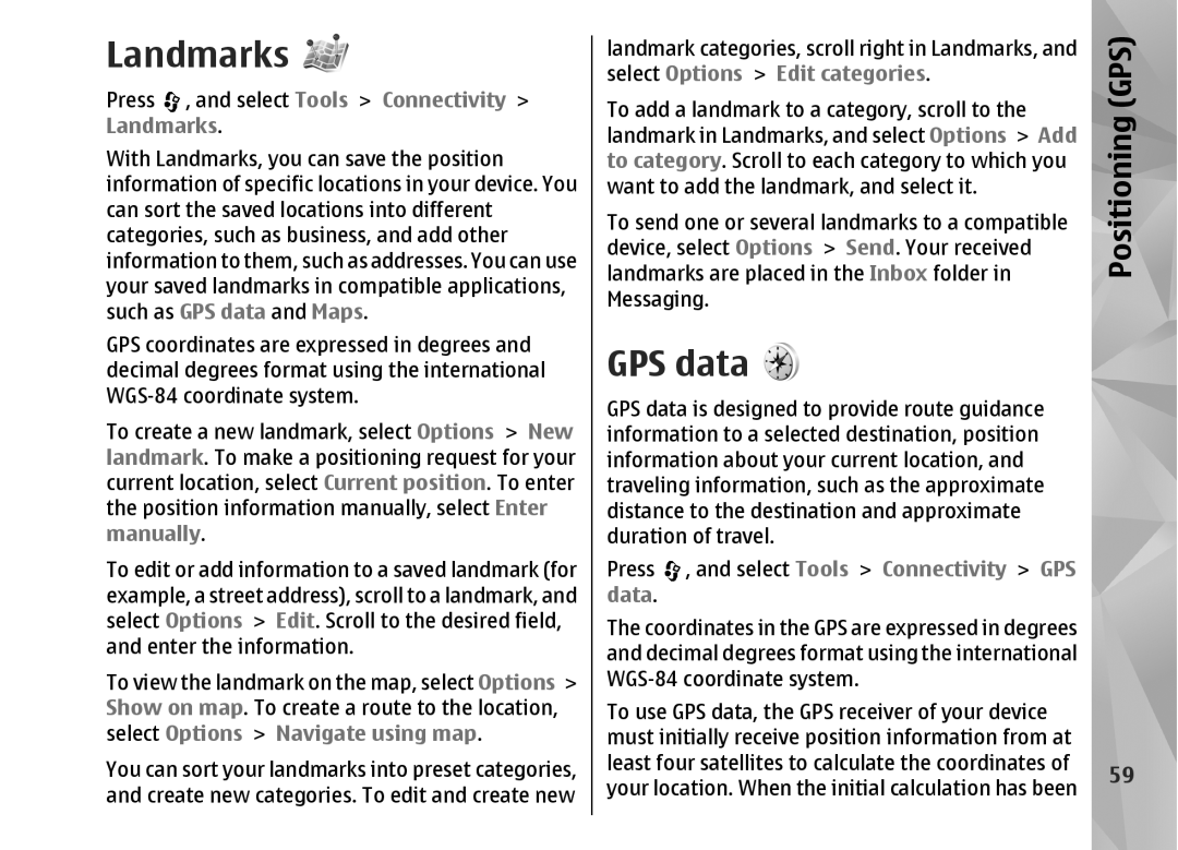 Nokia N82 manual Landmarks, GPS data 