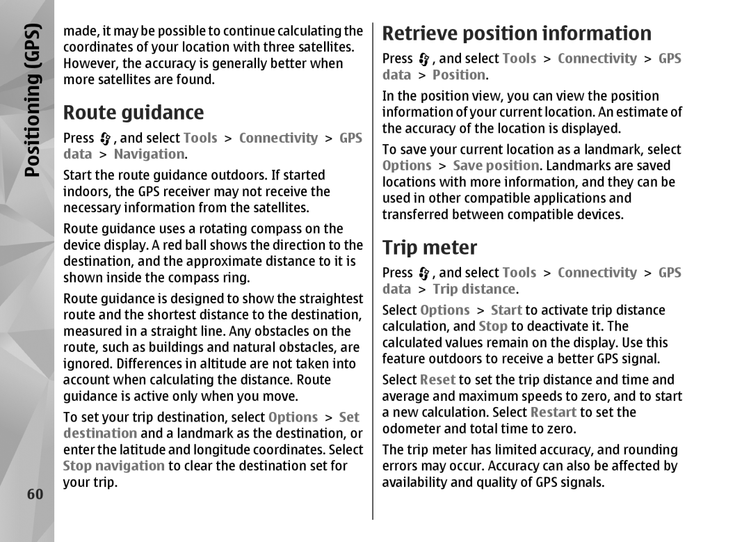 Nokia N82 manual Route guidance, Retrieve position information, Trip meter 