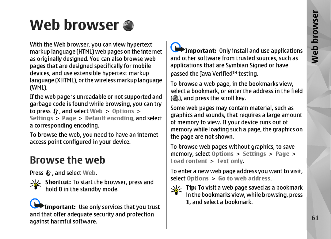 Nokia N82 manual Web browser, Browse the web 