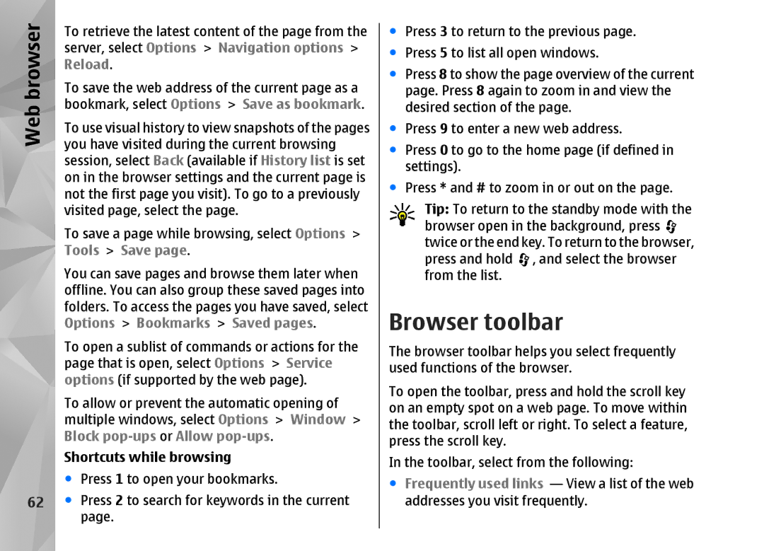 Nokia N82 manual Browser toolbar, Shortcuts while browsing 