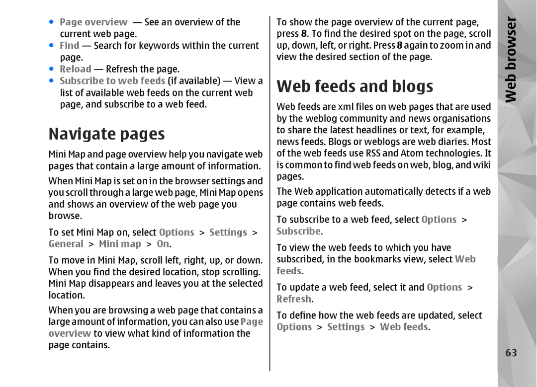 Nokia N82 manual Navigate pages, Web feeds and blogs 