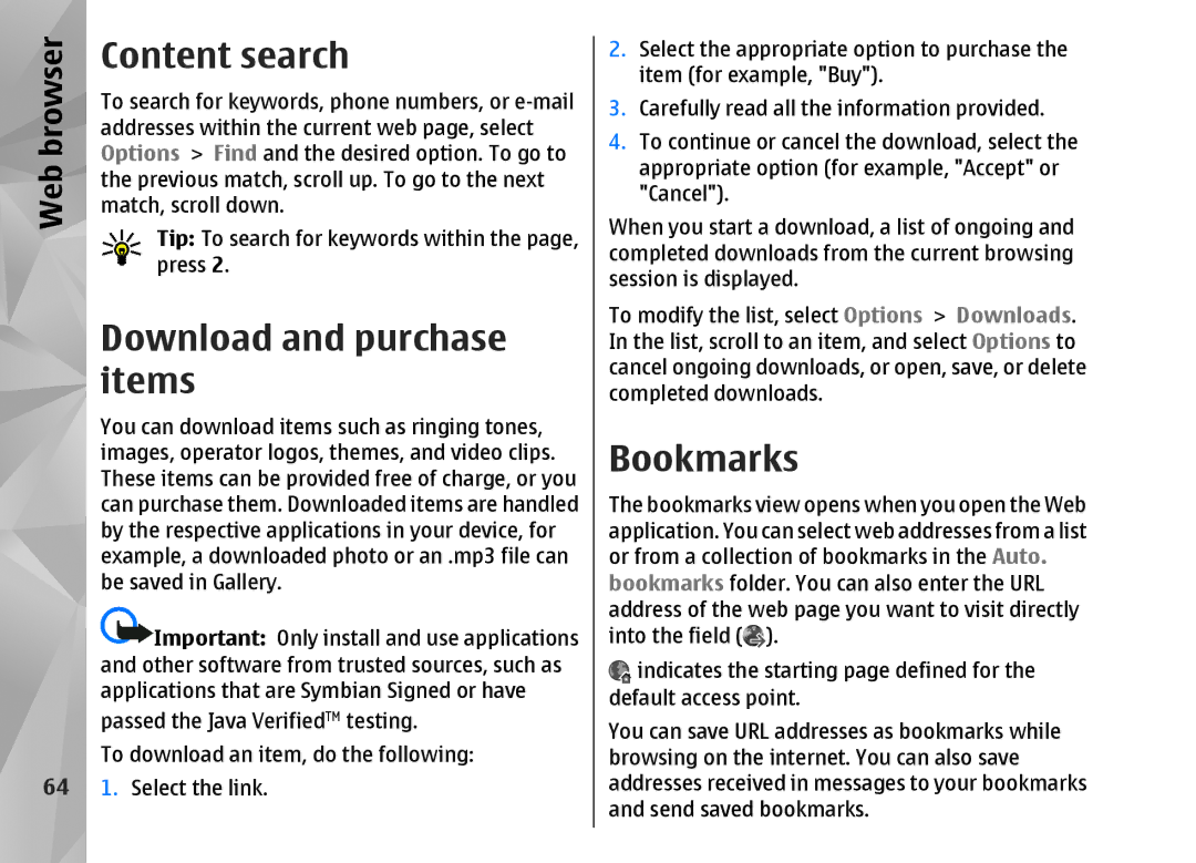 Nokia N82 manual Content search, Download and purchase items, Bookmarks 