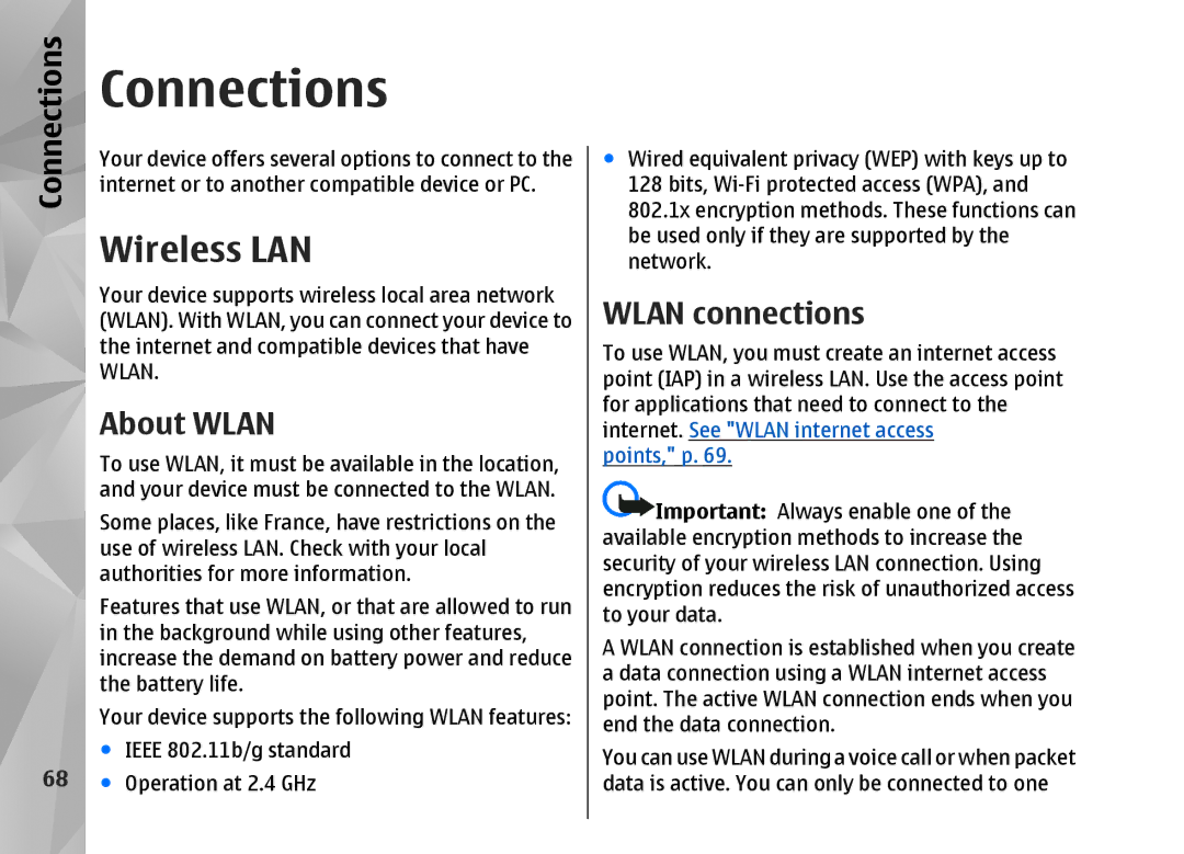 Nokia N82 manual Connections, Wireless LAN, About Wlan, Wlan connections 