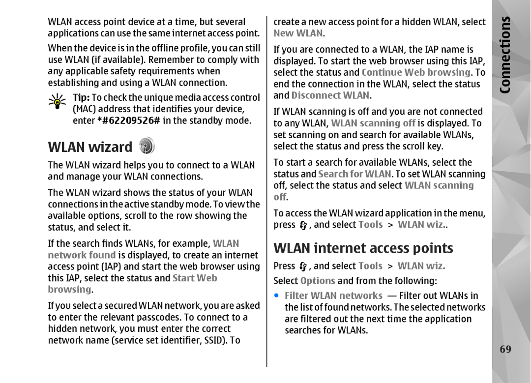 Nokia N82 manual Wlan wizard, Wlan internet access points 