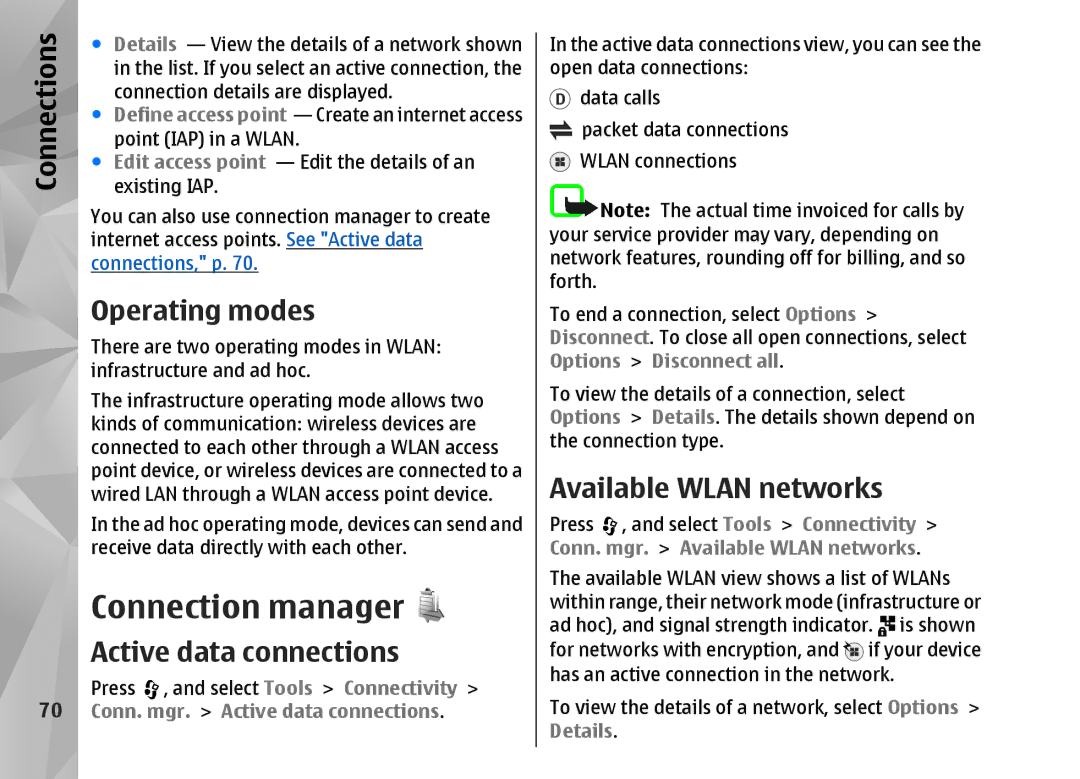 Nokia N82 manual Connection manager, Operating modes, Active data connections, Available Wlan networks 