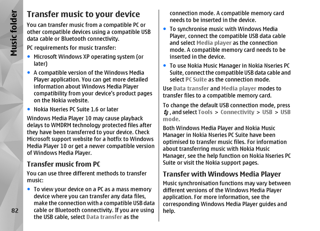 Nokia N82 manual Transfer music to your device, Mode 