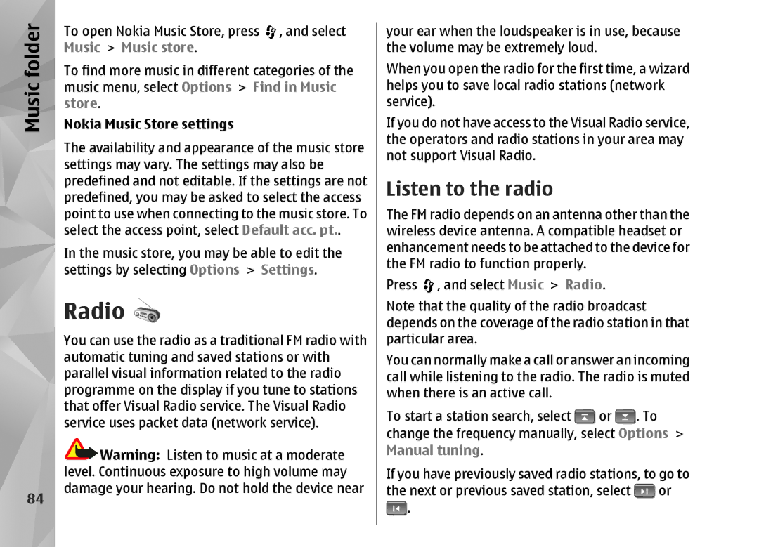 Nokia N82 manual Radio, Listen to the radio, Nokia Music Store settings 