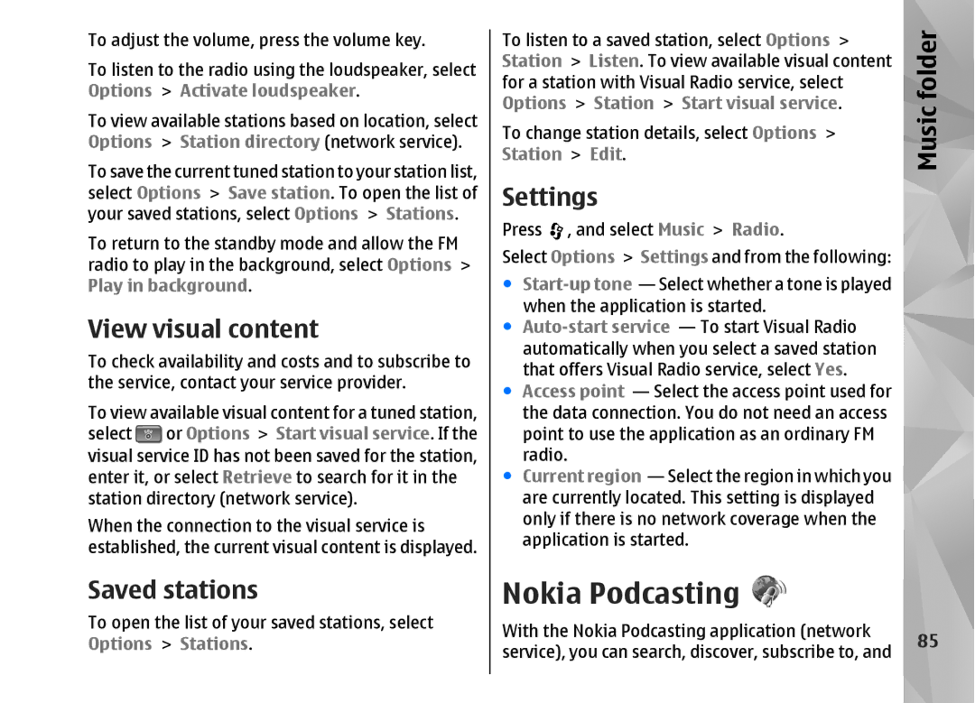 Nokia N82 manual Nokia Podcasting, View visual content, Saved stations 