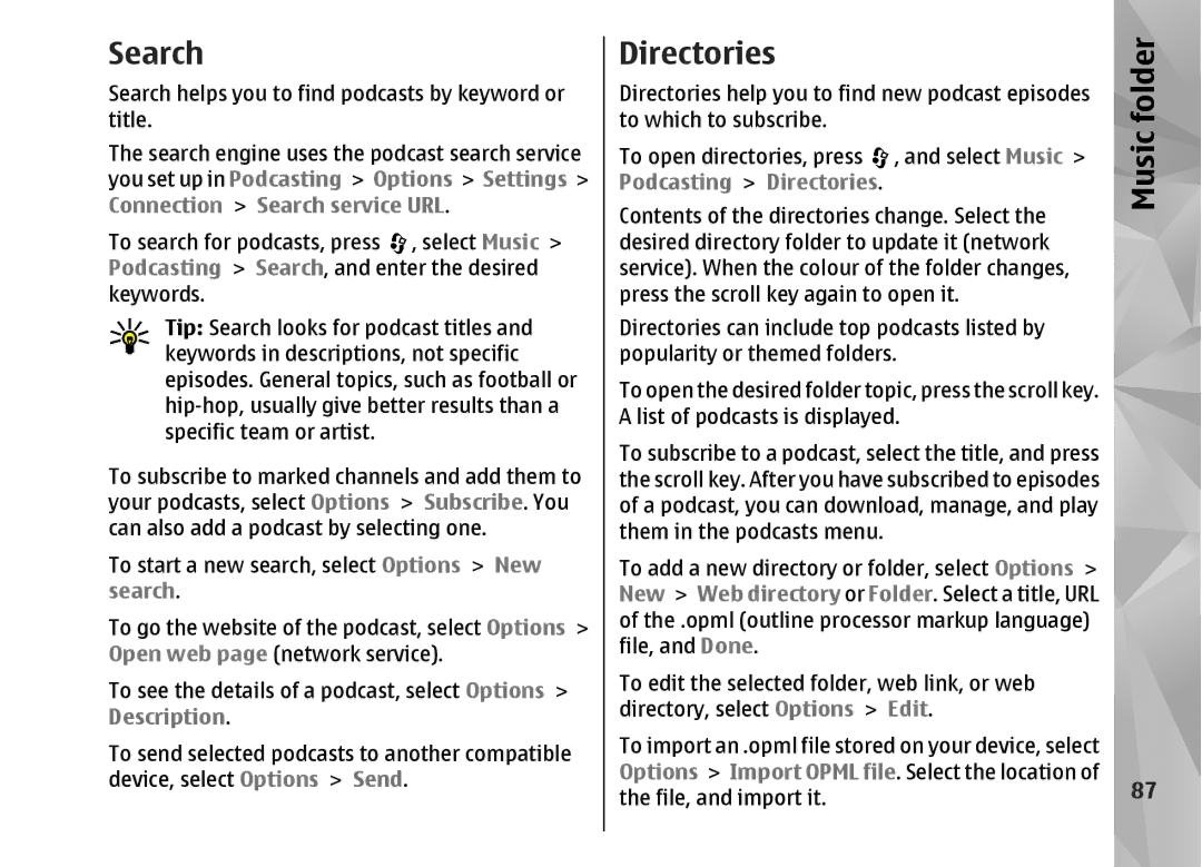 Nokia N82 manual Search, Podcasting Directories 