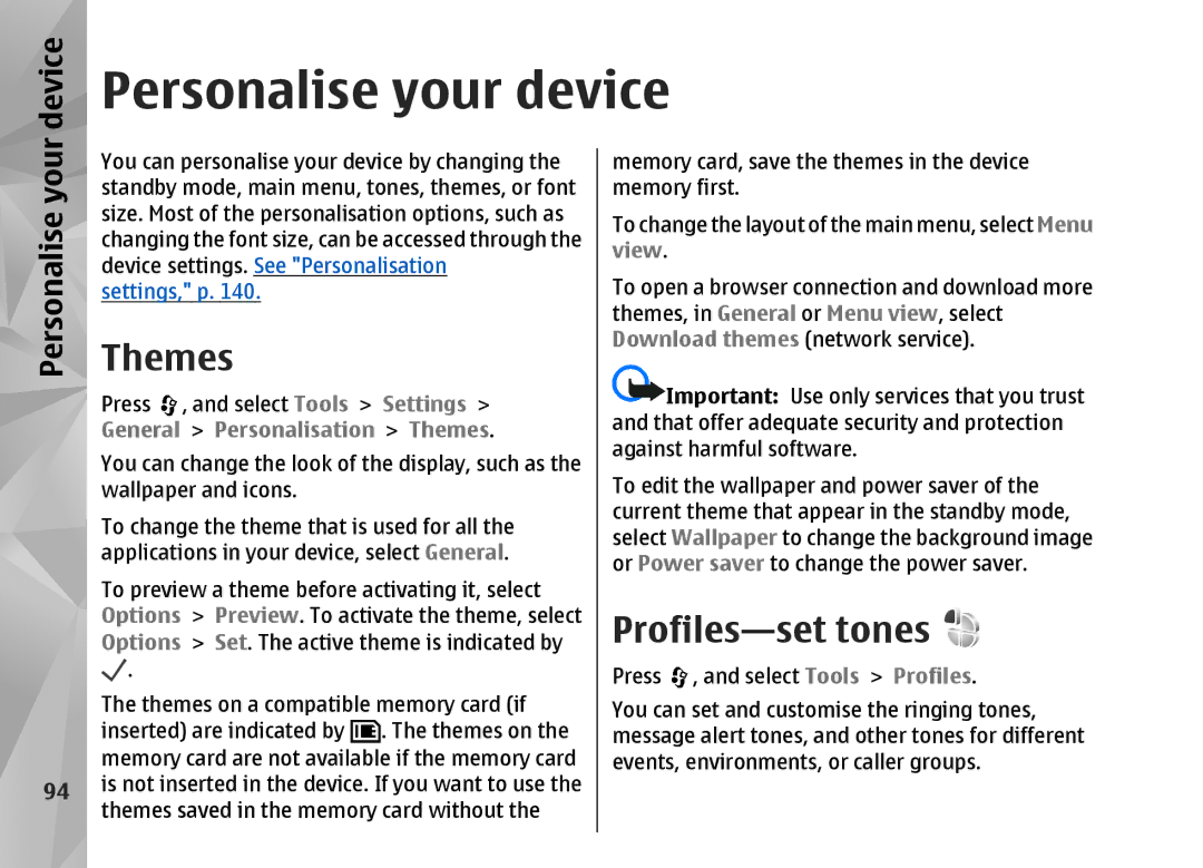 Nokia N82 manual Personalise your device, Profiles-set tones, View, Personalisation Themes 