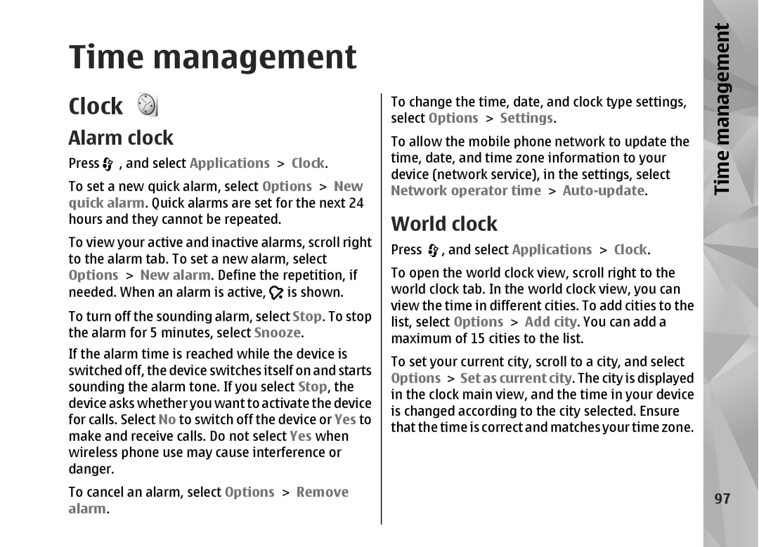 Nokia N82 manual Time management, Clock, Alarm clock, World clock 