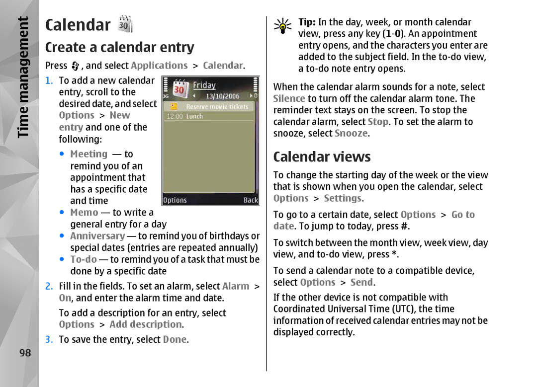 Nokia N82 manual Create a calendar entry, Calendar views 